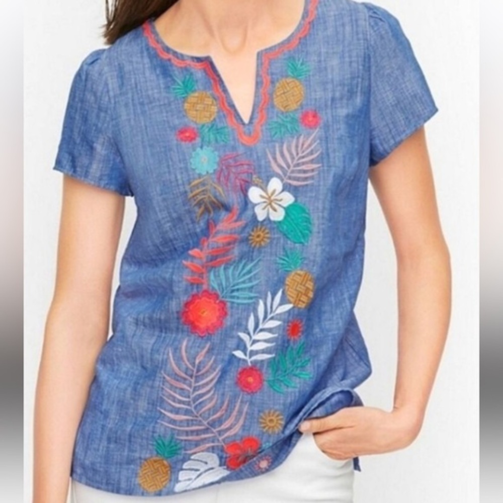 Talbots Blue Embroider Blouse Womens Size L